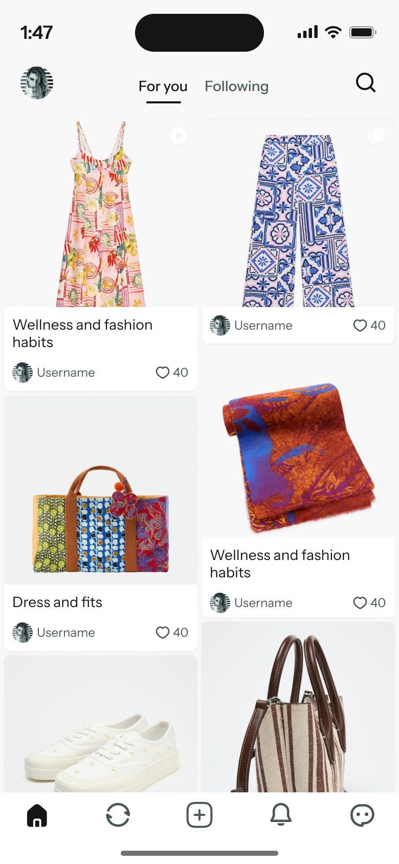 fashBe For you feed: a two-column grid of fashion posts with likes