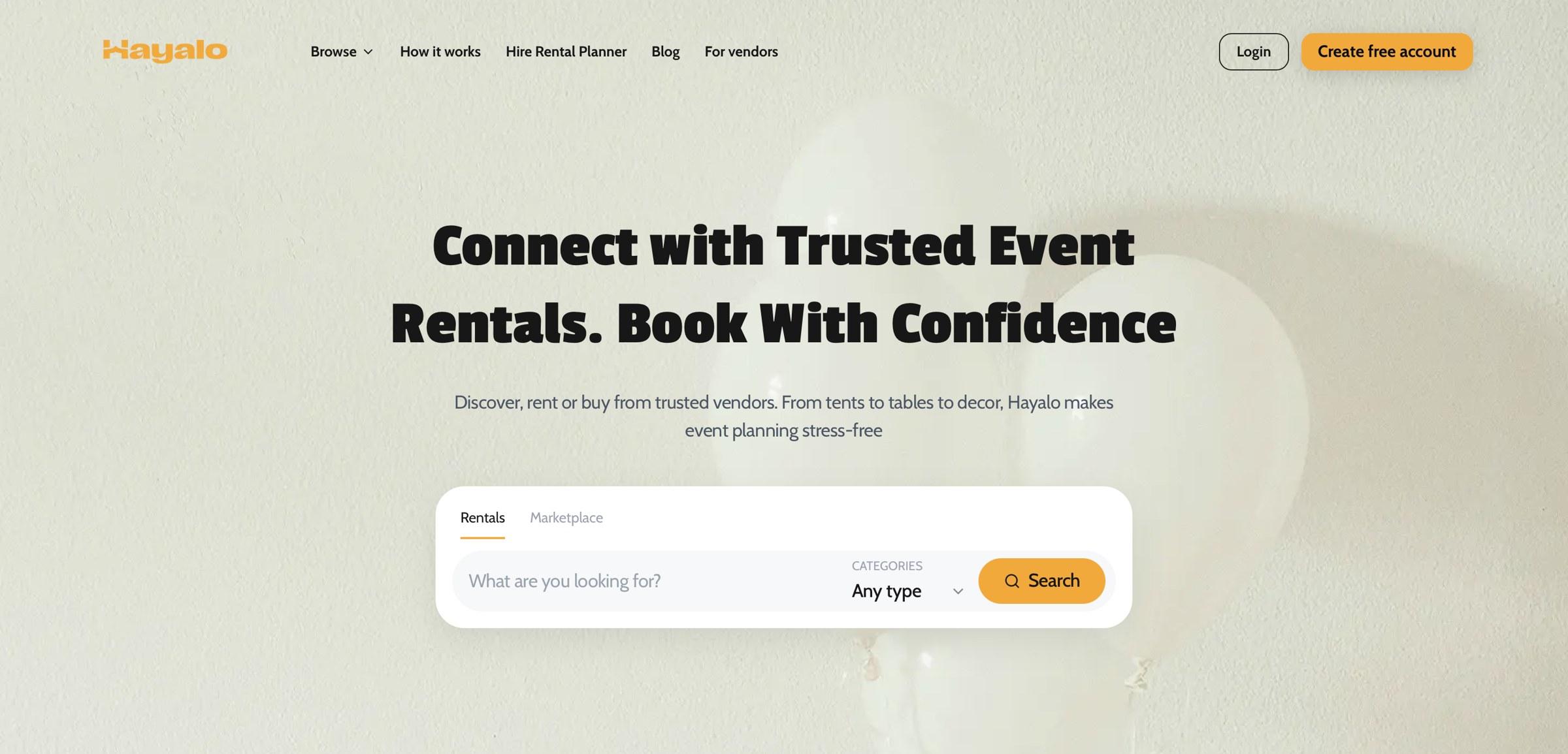 Hayalo homepage: Connect with trusted event rentals, with a rentals and marketplace search