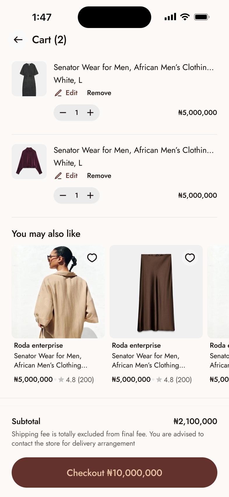 Style Connect cart: two items with quantities, suggestions and checkout